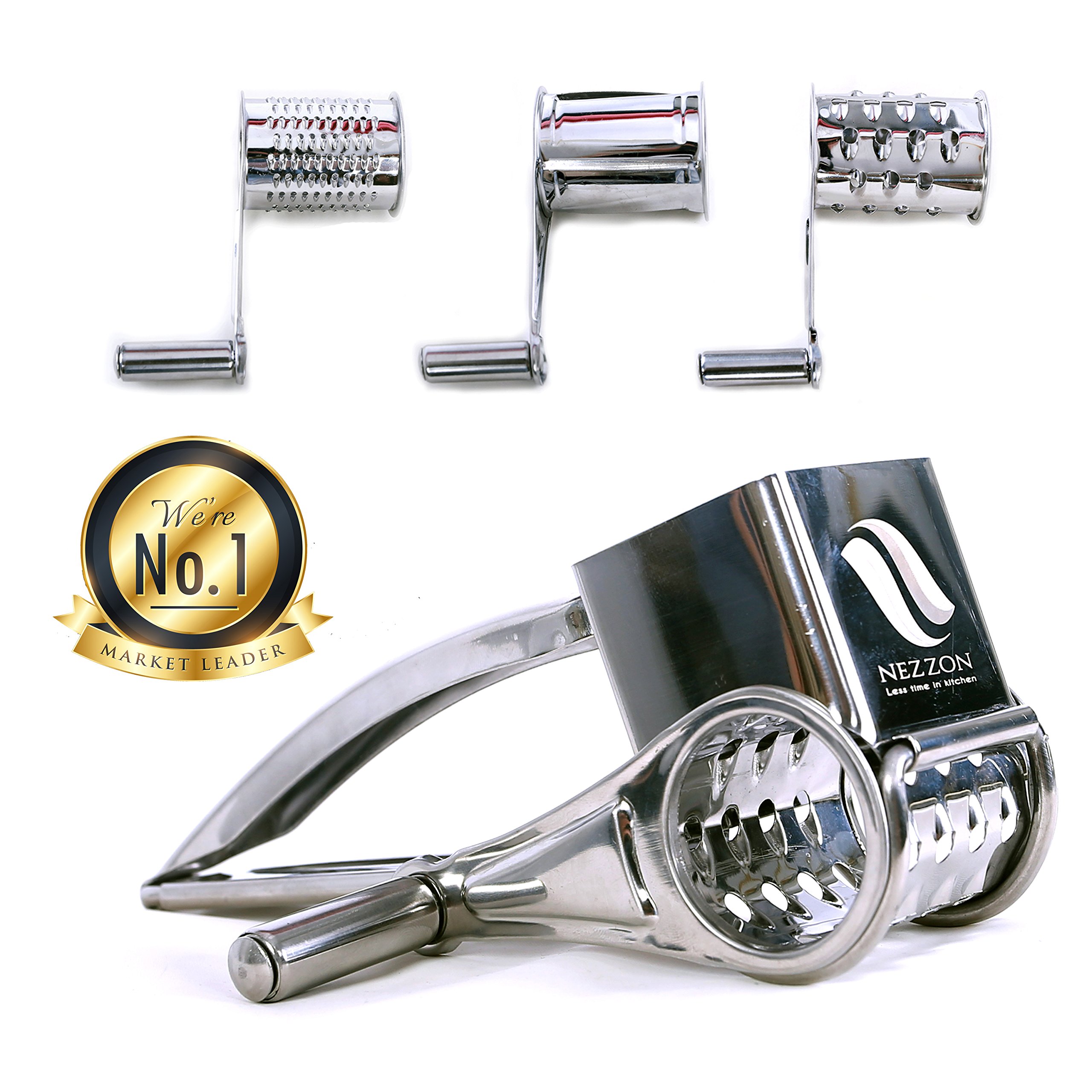 Rotary Cheese Grater Slicer Shredder with 3 Stainless Steel Drums for Soft and Hard Cheese, Chocolate, Nuts, Vegetables, Fruits. With a FREE 101 Tips and Techniques for Cooking Like a Chef E-book