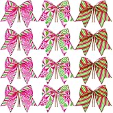 Knitgrip 12 Pcs Christmas Pink Green Bows Decoration 6 Inch Large Christmas Candy Peppermint Bowknots Gift Wrapping Ribbon Garland for Xmas Tree Wreaths Holiday Crafts Party Accessories