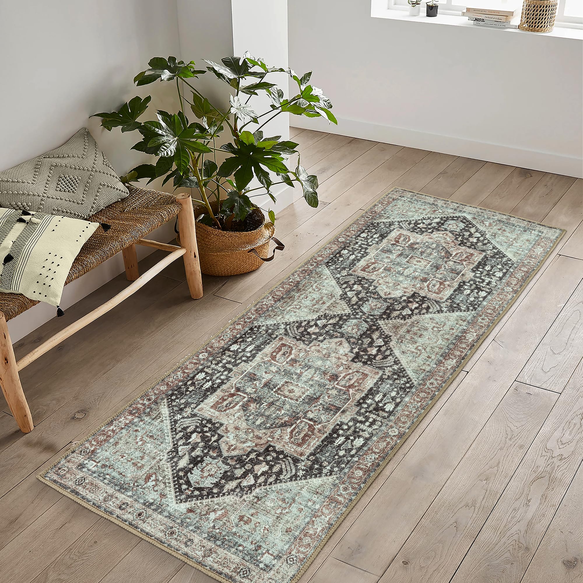 artyrugs Machine Washable Rug, 80x150cm, 75% Recycled Cotton, Short Pile, Non-Slip Backing, Non-Shedding, Suitable for Living Room, Bedroom, Kitchen, Hallway, Office, Charcoal & Light Sienna