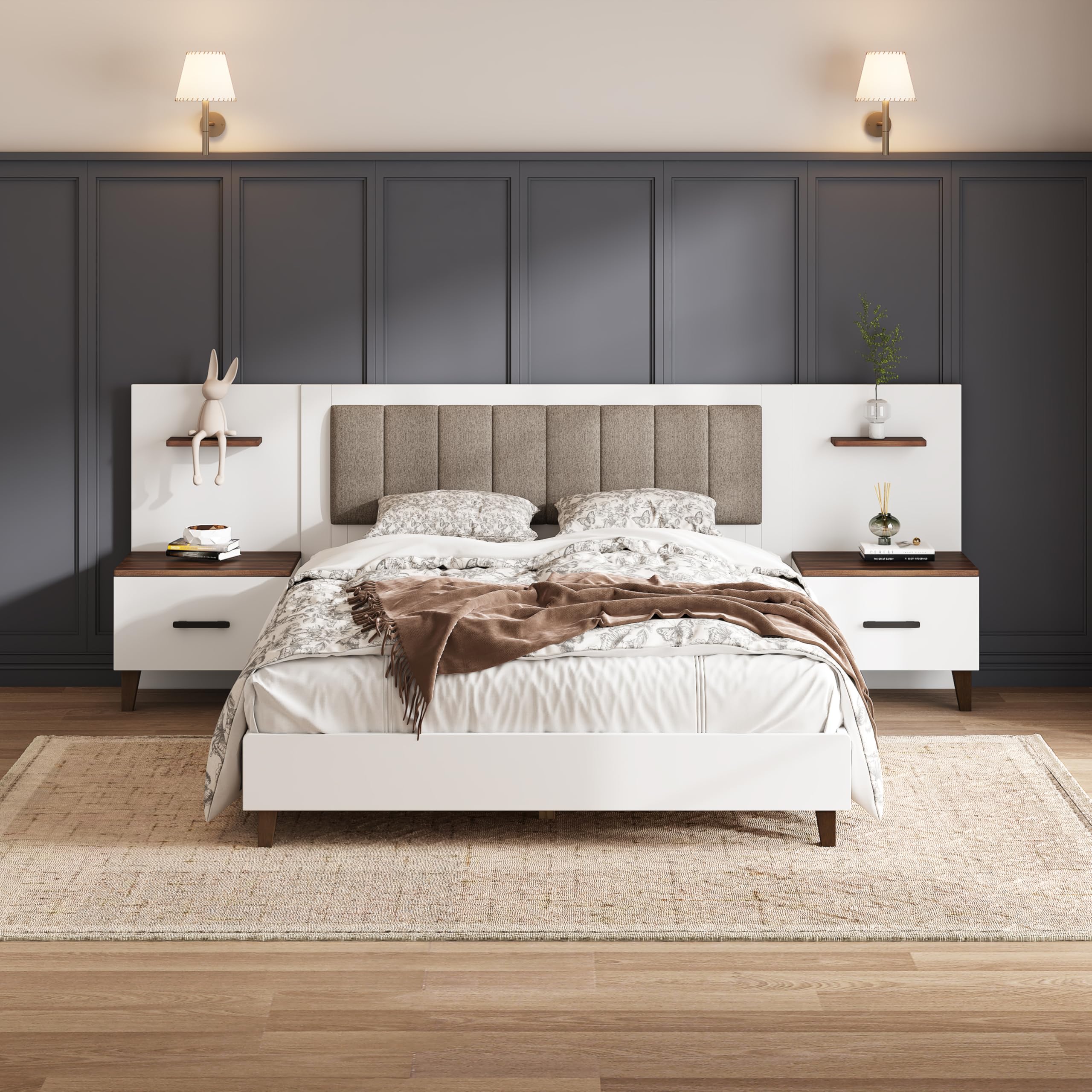 Photo 1 of **missing parts**Merax Queen Size Bed Frame with 2 Nightstands and 2 Floating Shelves, Contemporary Platform Bed with Brown Polyester Upholstered Headboard, Middle Legs Support, No Box Spring Needed