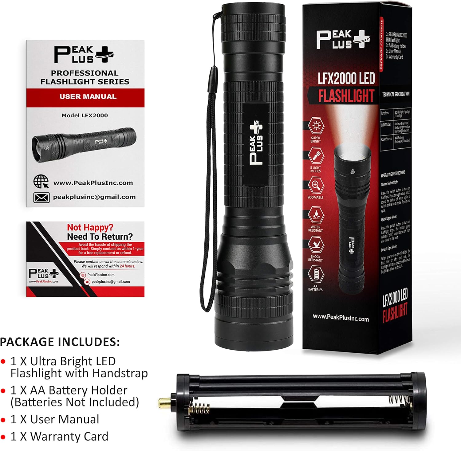 PeakPlus High-Powered LED Flashlight LFX2000 - Brightest High Lumen Light with 5 Modes, Zoomable and Water Resistant - Best Flashlights For Camping, Dog Walking and Emergency - - 