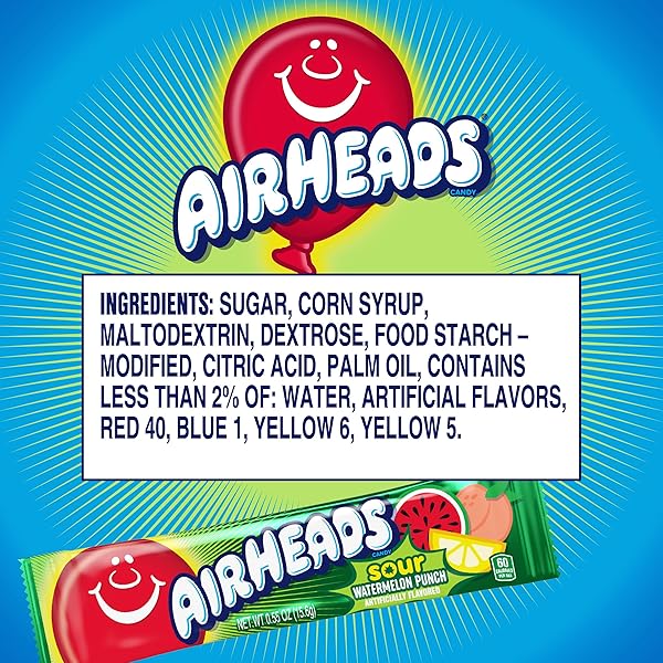 AIRHEADS SOUR FULL-SIZE CANDY BARS, TAFFY CANDY, SOUR WATERMELON PUNCH, INDIVIDUALLY WRAPPED CANDY, 36 COUNT