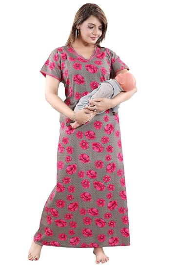 Women's Feeding/Maternity Cotton Nighty/Night Gown(Size:Free Length:55 Bust:44)