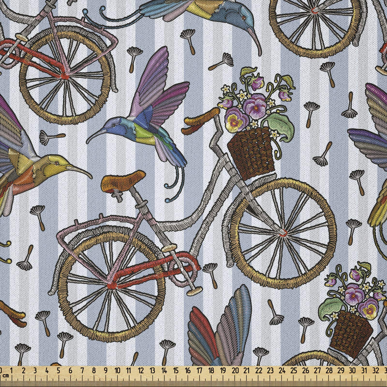 ABAKUHAUS Bicycle Fabric by the Yard, Nostalgic Bicycle Summer Flowers in Basket Accompanied with Colorful Hummingbird, Microfiber Fabric for Arts and Crafts Textiles Decor, 1M (230x100cm), Multicolor