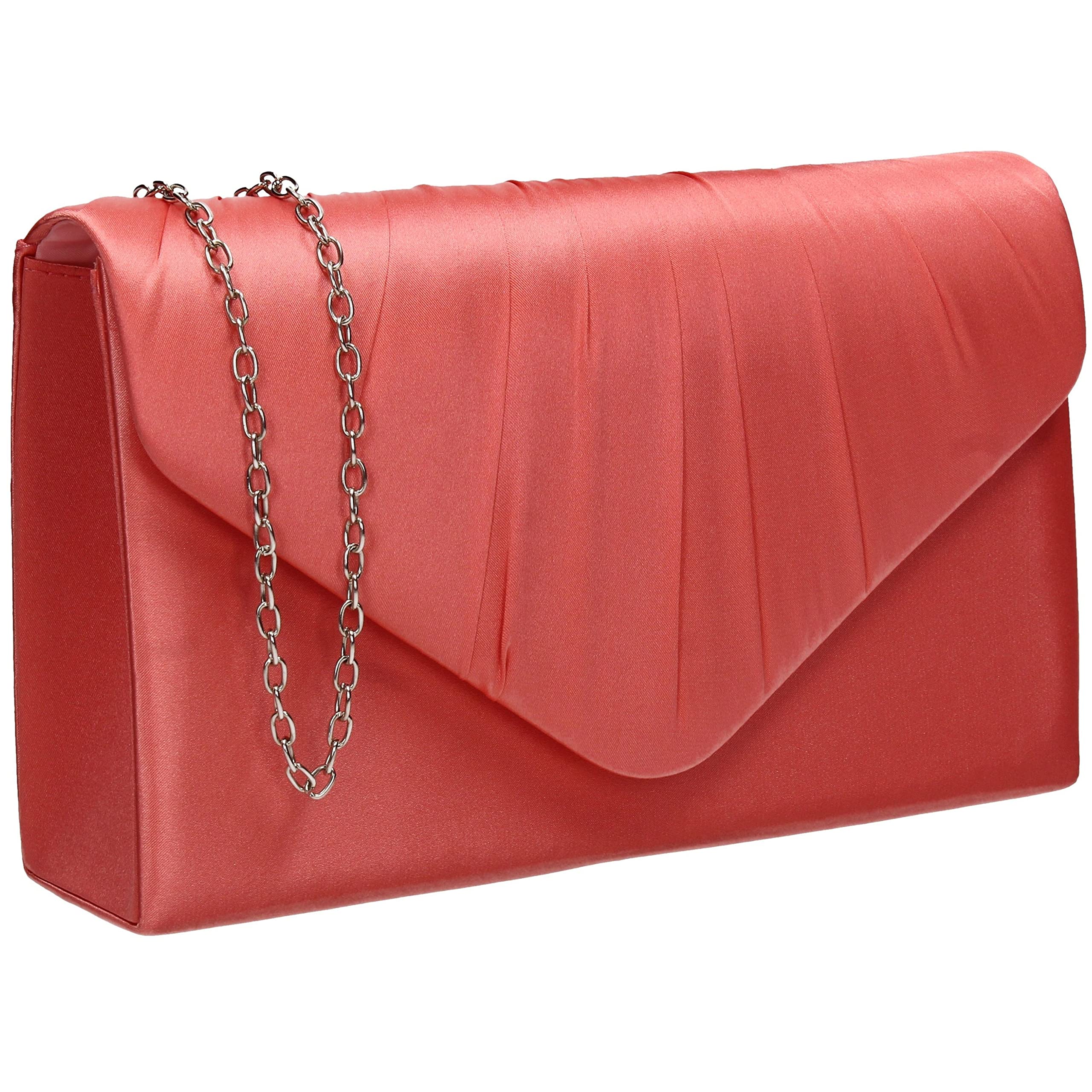 SwankySwans Chantel Womens Satin Party Prom Wedding Evening Clutch Bag Purse Coral