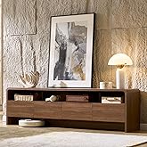 AMERLIFE 70" Modern TV Stand for TVs Up to 80", Wood TV Console with Curved Profile Design & 2 Storage Cabinets, Media Console Entertainment Center for Living Room, Brown