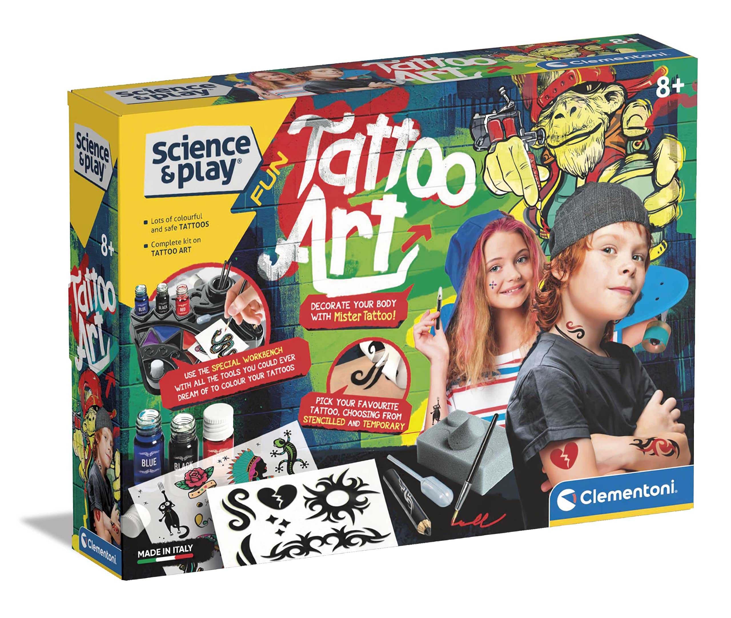 Clementoni - 61544 - Science & Play Fun - Tattoo Art - Tattoo Kit For Kids, Educational And Scientific Toys, Gift For Kids Age 8, English version - Made In Italy