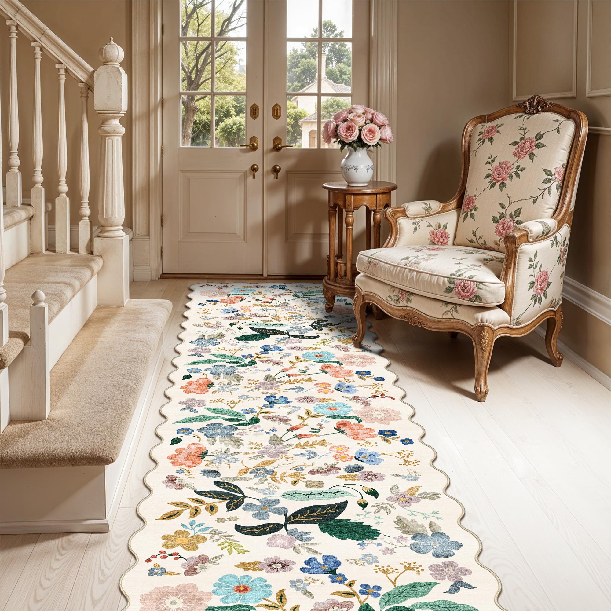 Photo 1 of Washable 2x8 Hallway Runner Rug: Vintage Water-Resistant Floral Scalloped Kitchen Entryway Rug Ultra Soft Living Room Bedroom Carpet Non-Slip Indoor Floor Mat for Bathroom Dining Room(2x8,Cream)