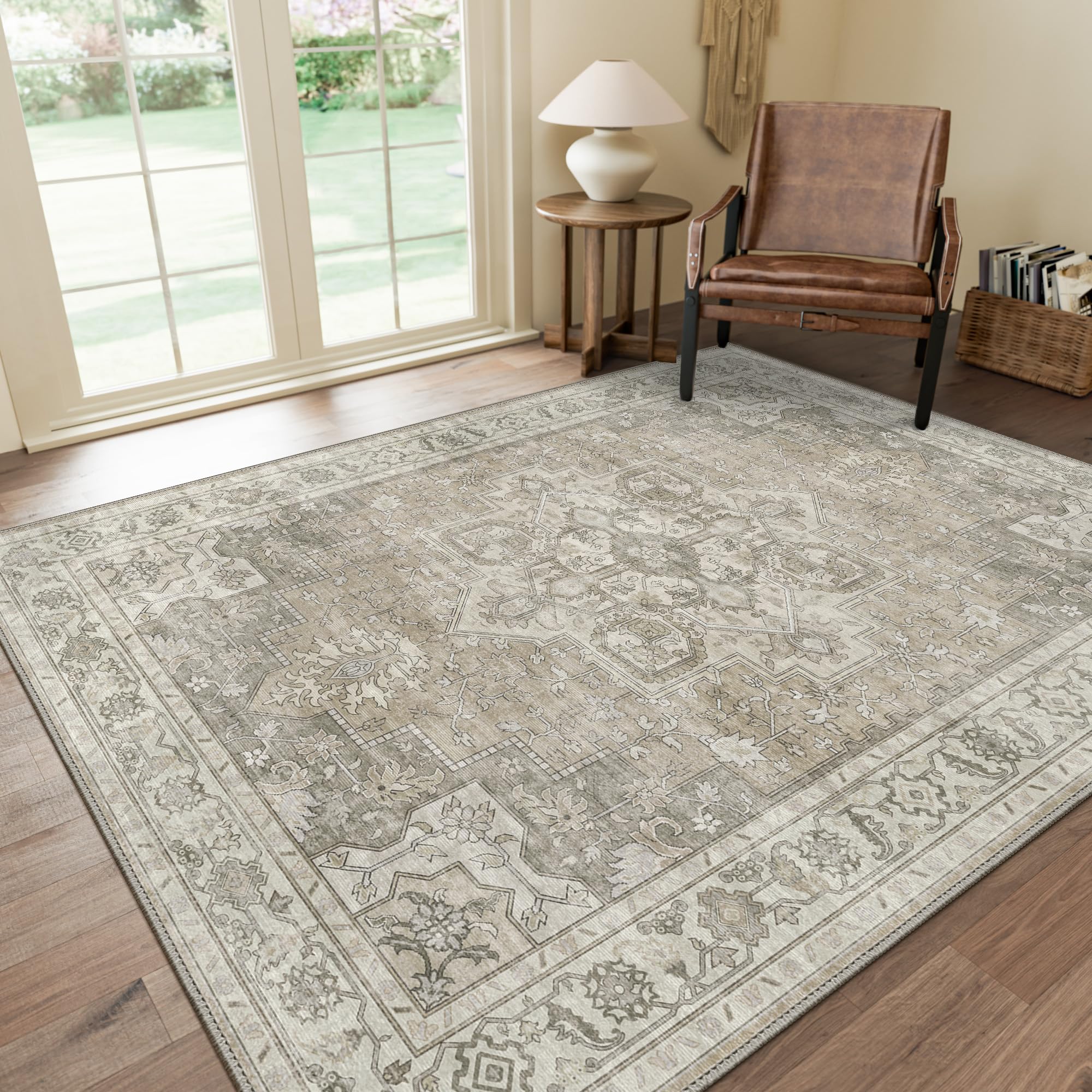 Photo 1 of GENIMO 8x10 Area Rugs for Living Room, Machine Washable Non Slip Vintage Rugs, Low Pile Lightweight Chenille Print Rug for Bedroom, Dining Room, Home Office, Trench