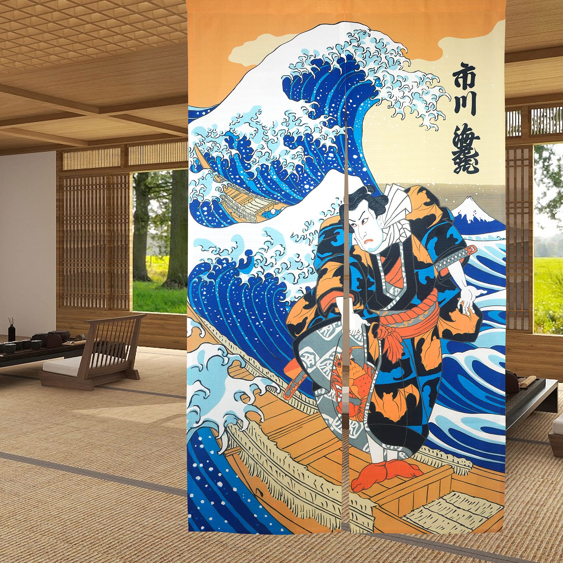 LIGICKY Noren Japanese Style Doorway Curtain Ukiyoe Hokusai The Great Wave Off Kanagawa Door Tapestry Room Divider Curtains, 33.5" Width x 59" Long