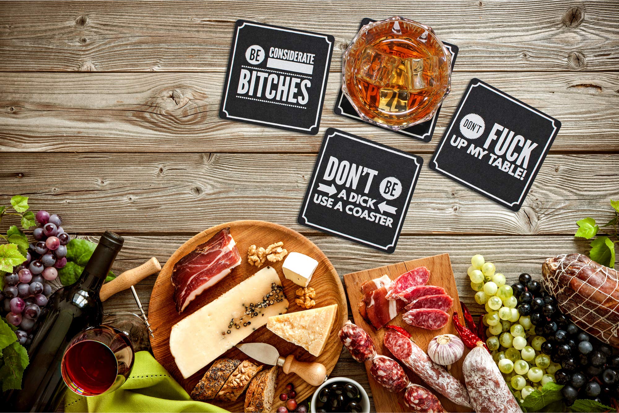 Summit One Funny Coasters for Drinks, Set of 10 (4 x 4 Inch, 5mm Thick) Premium Absorbent Felt Drink Coasters with Hilarious Quotes - Home Decor Gag Gifts for Women, Men - With Coaster Holder