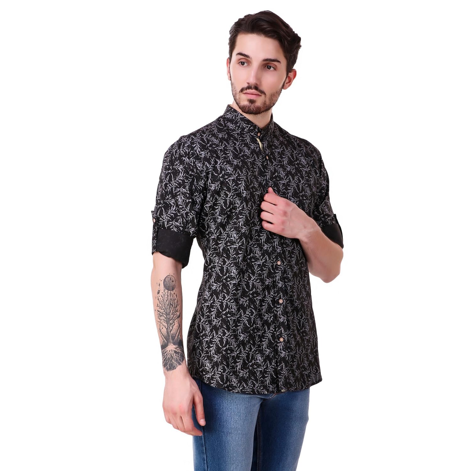 lafantar men's mandarin collar casual printed shirt (vxt32,black)