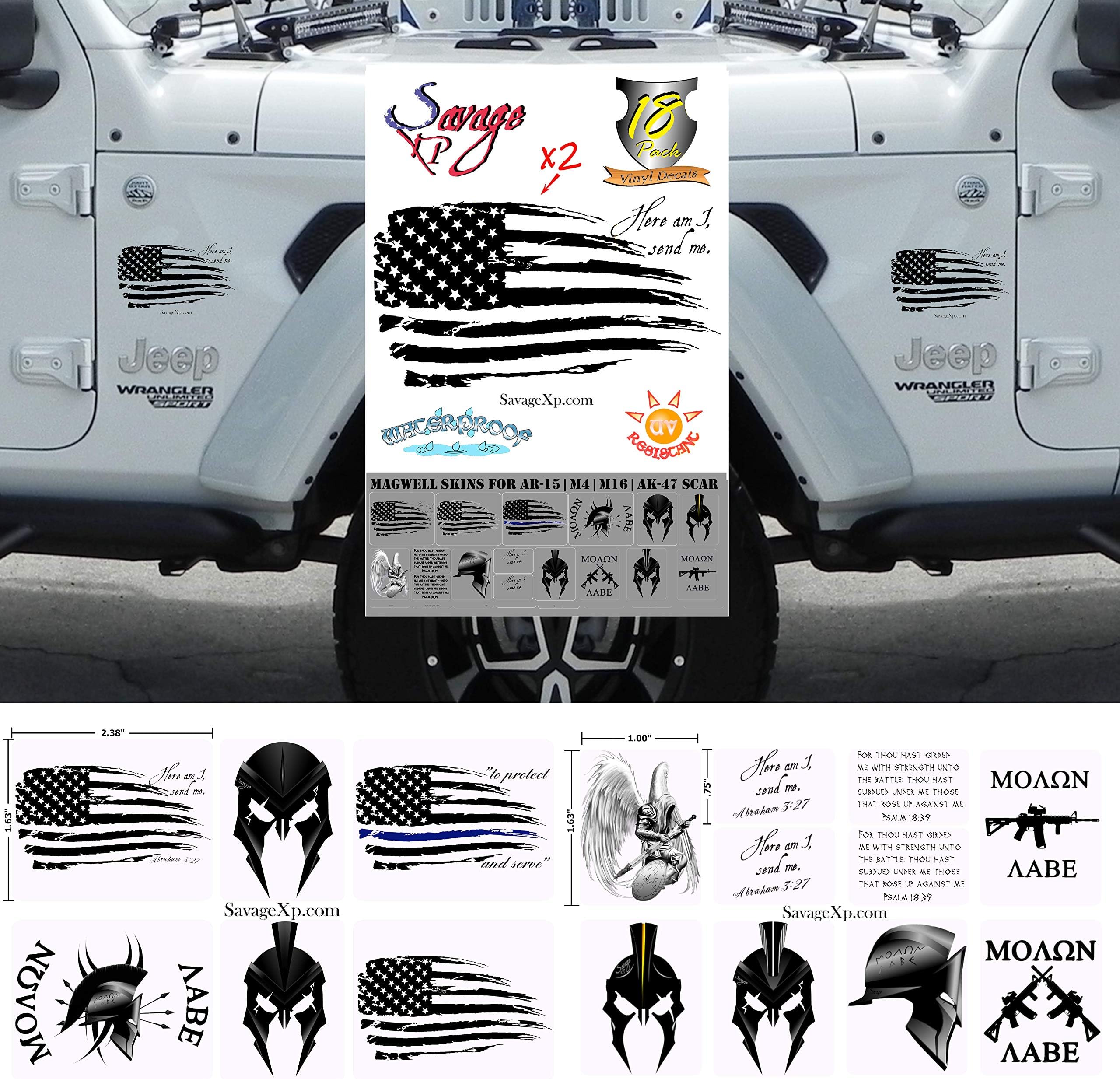 Black Tattered Here Am I Send Me American Flag Sticker Sheet and Decal Pack | Various US Flag Sizes Big and Small approximately 3x5 inch, 6x4, and 1/2" | Black, White, Color Stars and Stripes