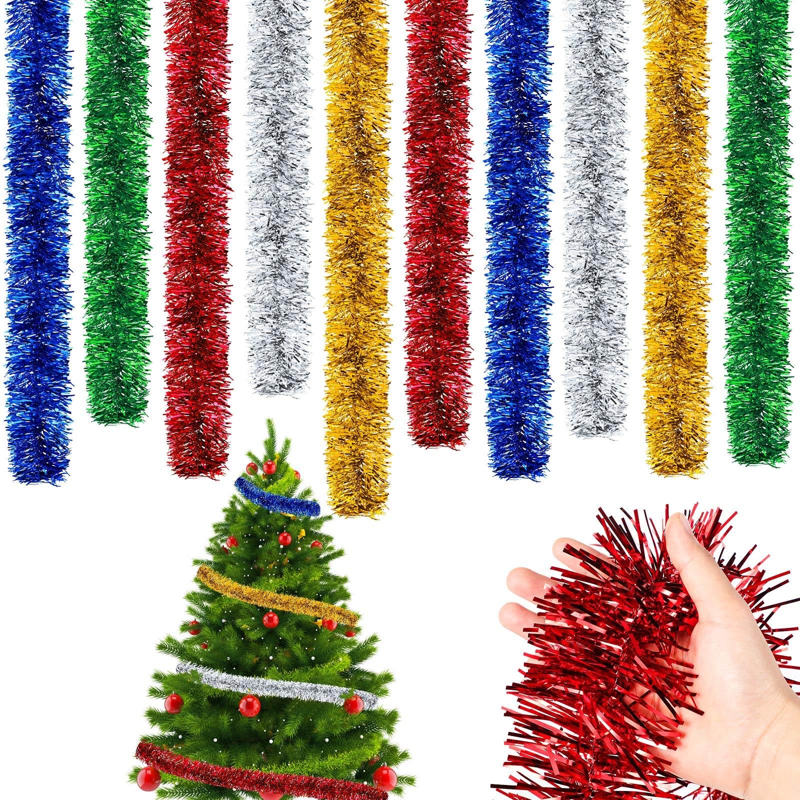 Cindeer 66 Feet/20 Meters Christmas Tinsel Garland Decoration Chunky Thick Garland Hanging Luxury Tinsel for Christmas Party Indoor and Outdoor Decor(Multicolor)