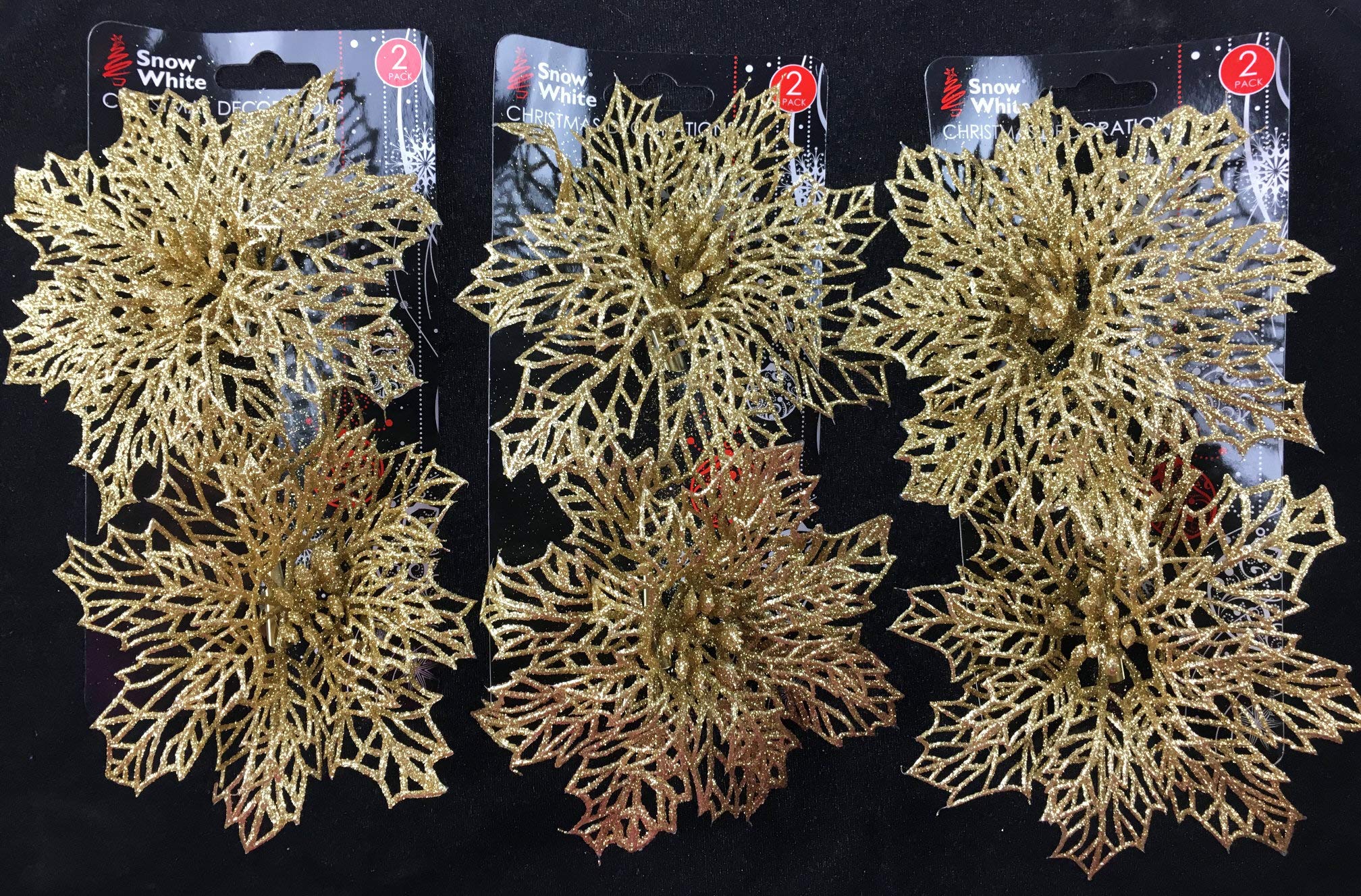 BWG Set Of 6 Large Glitter Poinsettia Clip On Christmas Craft/Tree Decorations - GOLD