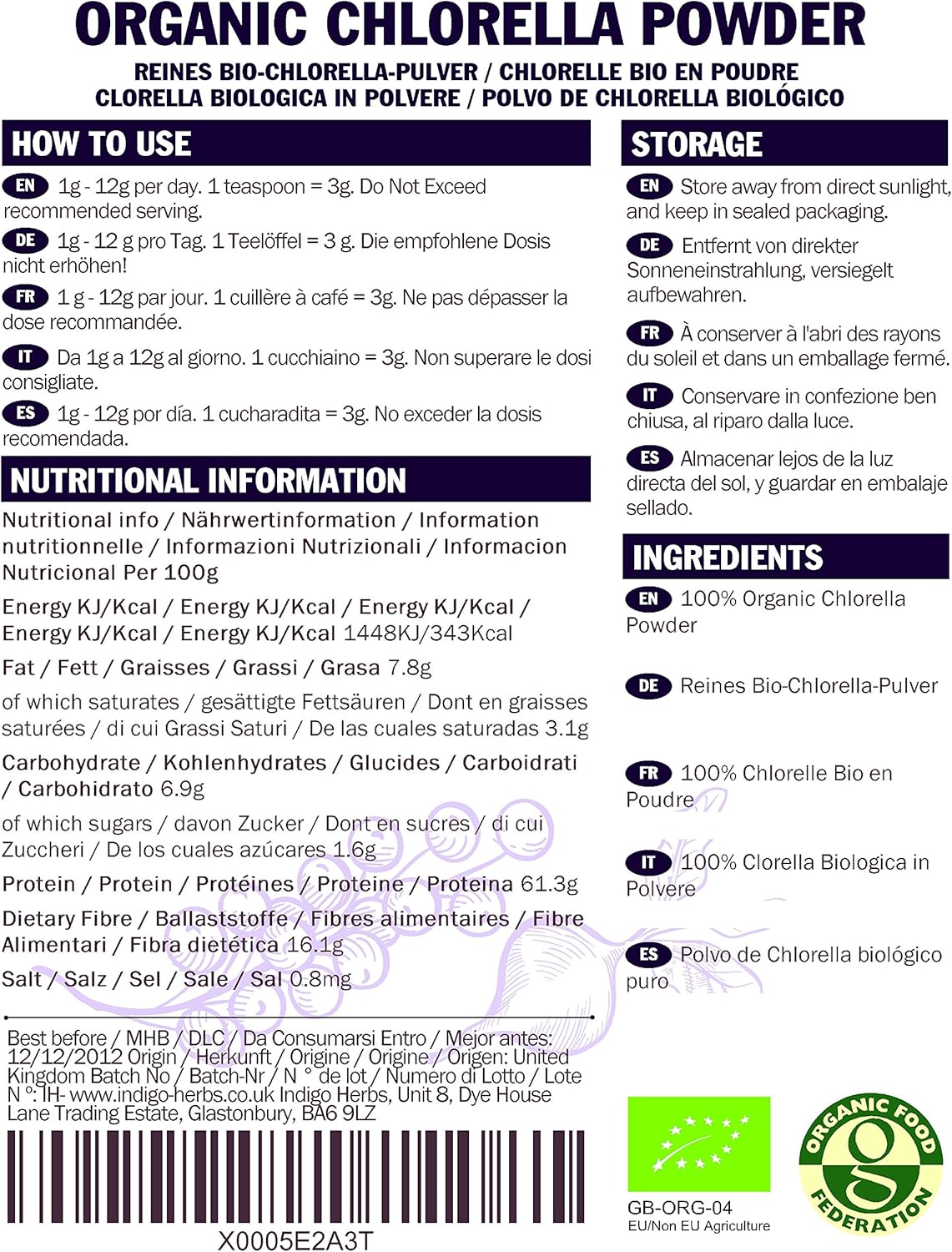 Indigo Herbs Organic Broken Cell Wall Chlorella Powder 500g BigaMart