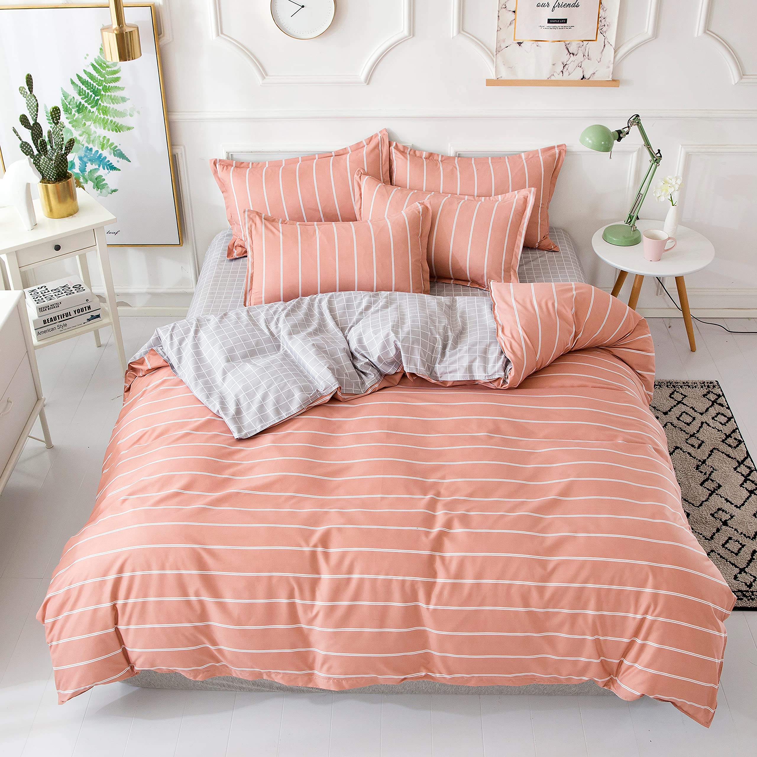 SENSING Blush Pink and Grey Ultra Soft Duvet Cover Set, Easy care 3 Piece Set with Zipper Closure Striped and Grid Bedding (King)