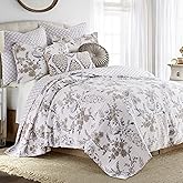 Levtex Home Pisa Reversible King/Cal King Quilt Set (106x92in) with 2 Pillow Shams (36x20in) - Floral Peacock - Grey, Taupe - 100% Cotton King Size Quilt Bedding Set - Lightweight, Soft, Pre-Washed