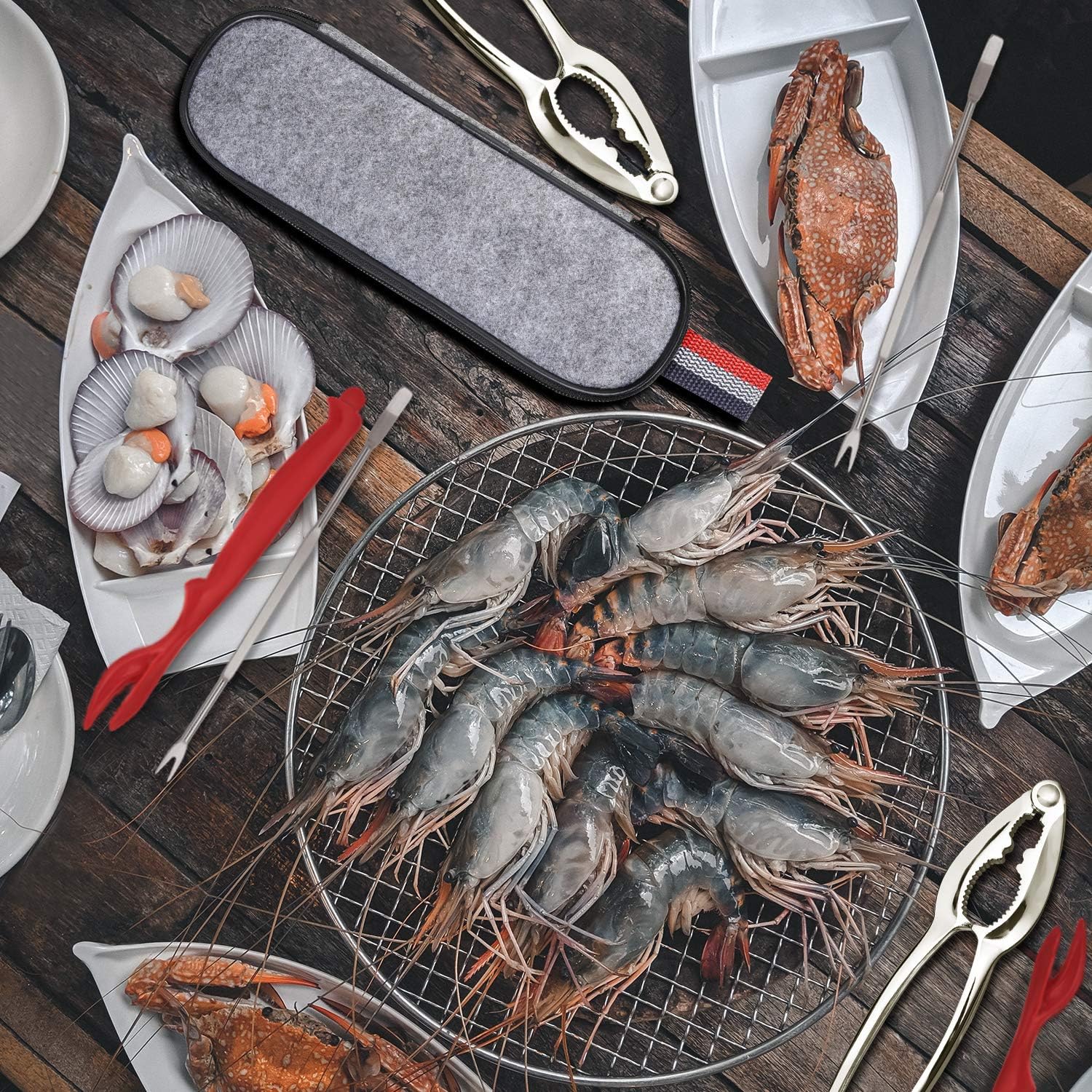 Hiware 13-piece Crab & Lobster Crackers and Tools Set Includes 4 Crab Leg Crackers, 4 Lobster Shellers, 4 Crab Forks/Picks and 1 Portable Bag - Dishwasher Safe: Kitchen & Dining
