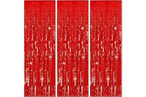 BOMSI 3 Pack Red Streamers Party Backdrop Christmas Decorations Foil Fringe Backdrop Curtains Carnival Casino Theme Birthday New Year Holiday Celebration Bachelorette Party Decorations Supplies