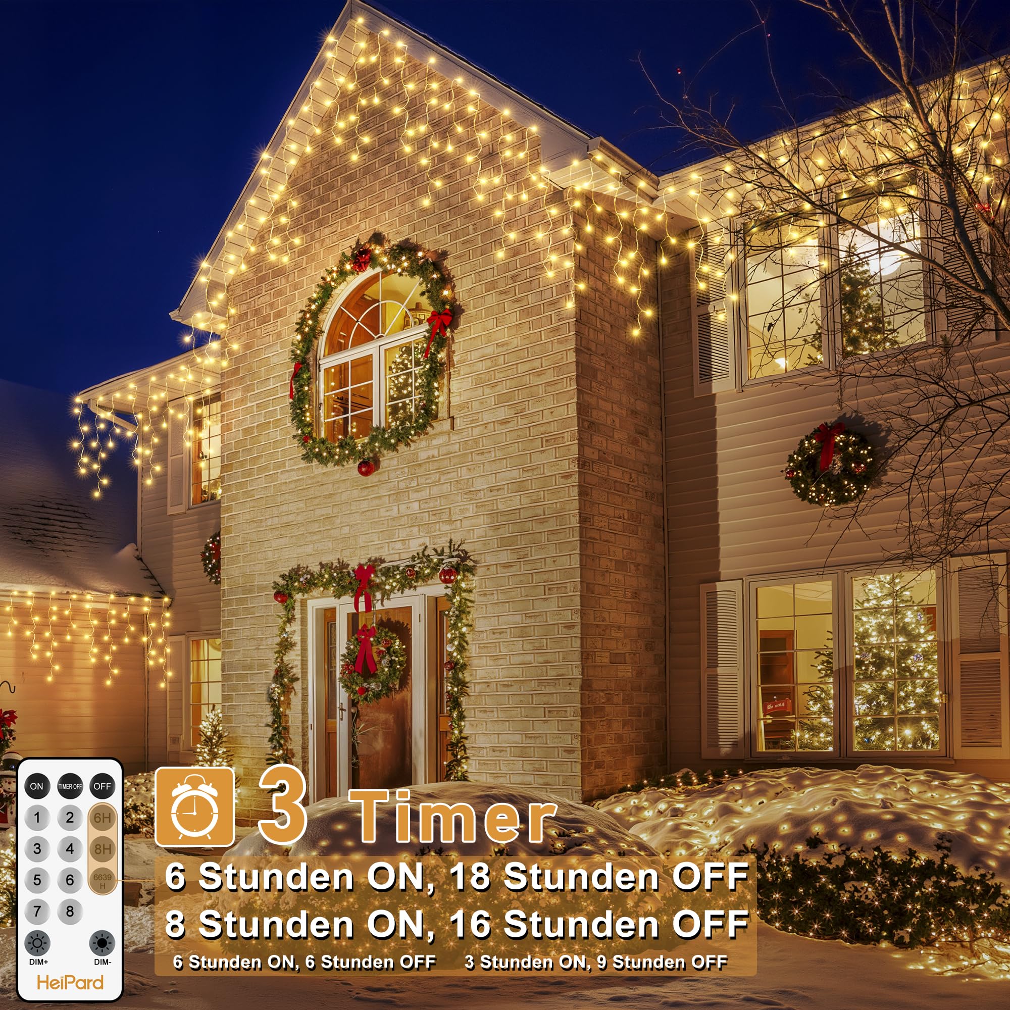HeiPard Eisregen Lichterkette Außen 12m 486 LED Weihnachtsbeleuchtung Außen mit Stecker, 8 Leuchtmodi, Fernbedienung, Timer, Wasserdicht Lichtervorhang Aussen für Dachrinne, Geländer, Vorbau, Fenster 4