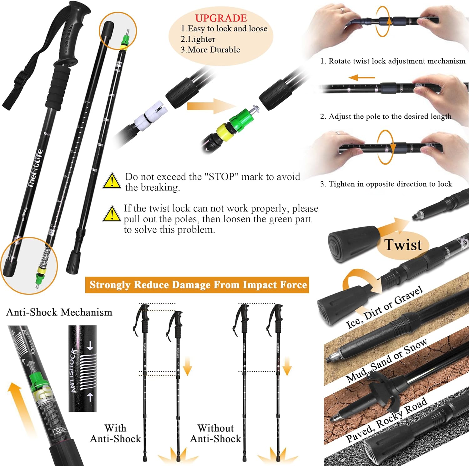 TheFitLife Nordic Walking Trekking Poles - 2 Pack with Antishock and Quick Lock System, Telescopic, Collapsible, Ultralight for Hiking, Camping, Mountaining, Backpacking, Walking, Trekking (Black) : Sports & Outdoors