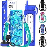 FIT Strong & Healthy 32 oz Glass Water Bottle with Straw Lid - Wide Mouth Borosilicate Glass Water Bottles with Time Marker, Silicone Sleeve & Extra Lid - 1L Large Motivational Drinking Bottle
