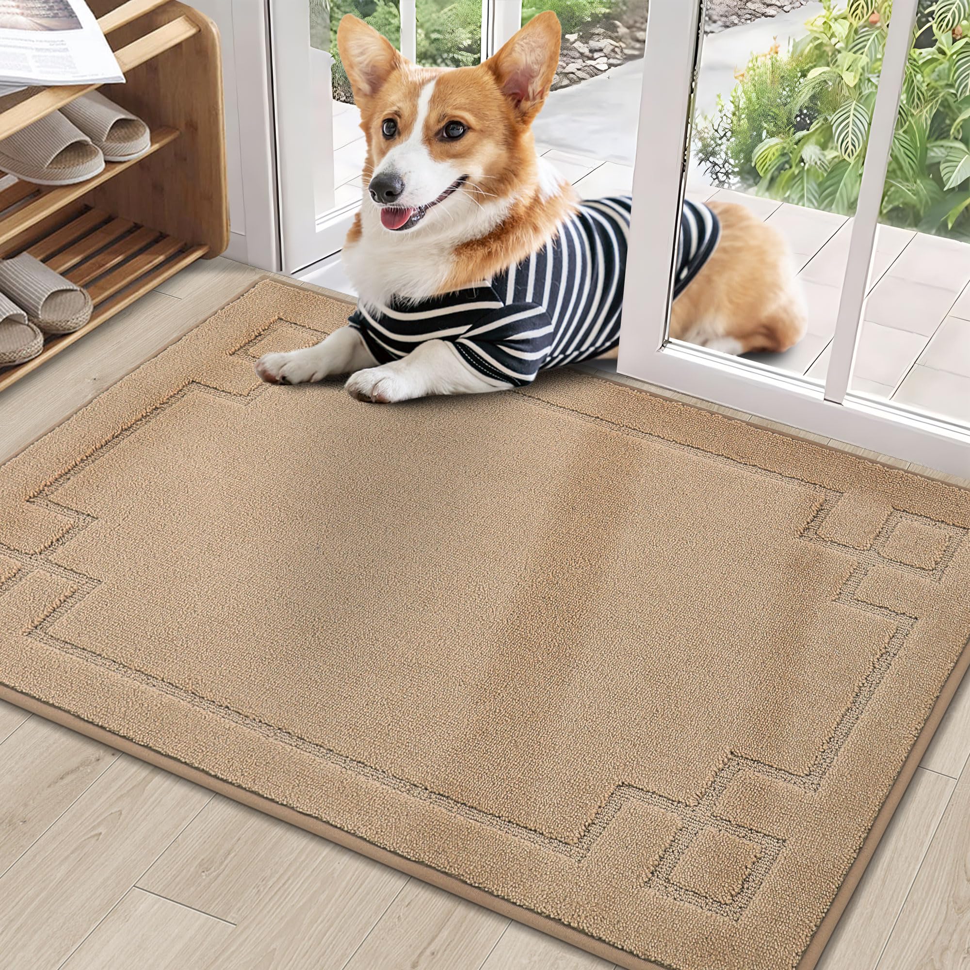 BEQHAUSE Door Mat 24" x 36", Non-Slip Door Mats Indoor Entryway Rugs Washable Low-Profile Absorbent and Stain Resist Floor Mats, Dog Door Mat for Front Back Door, Mud Wet Shoes & Paws, Beige Image
