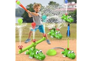 FLYBAKIZ 4-in-1 Summer Outdoor Sprinkler Spray Water Toys,360° Rotating Sprinkler/Hydro Baseball /3-Spout Slugger/Stomp Rocket Lawn Backyard Pool Party Outside Game for Kids Toddlers Ages 3-5 4-8 (Crocodile)