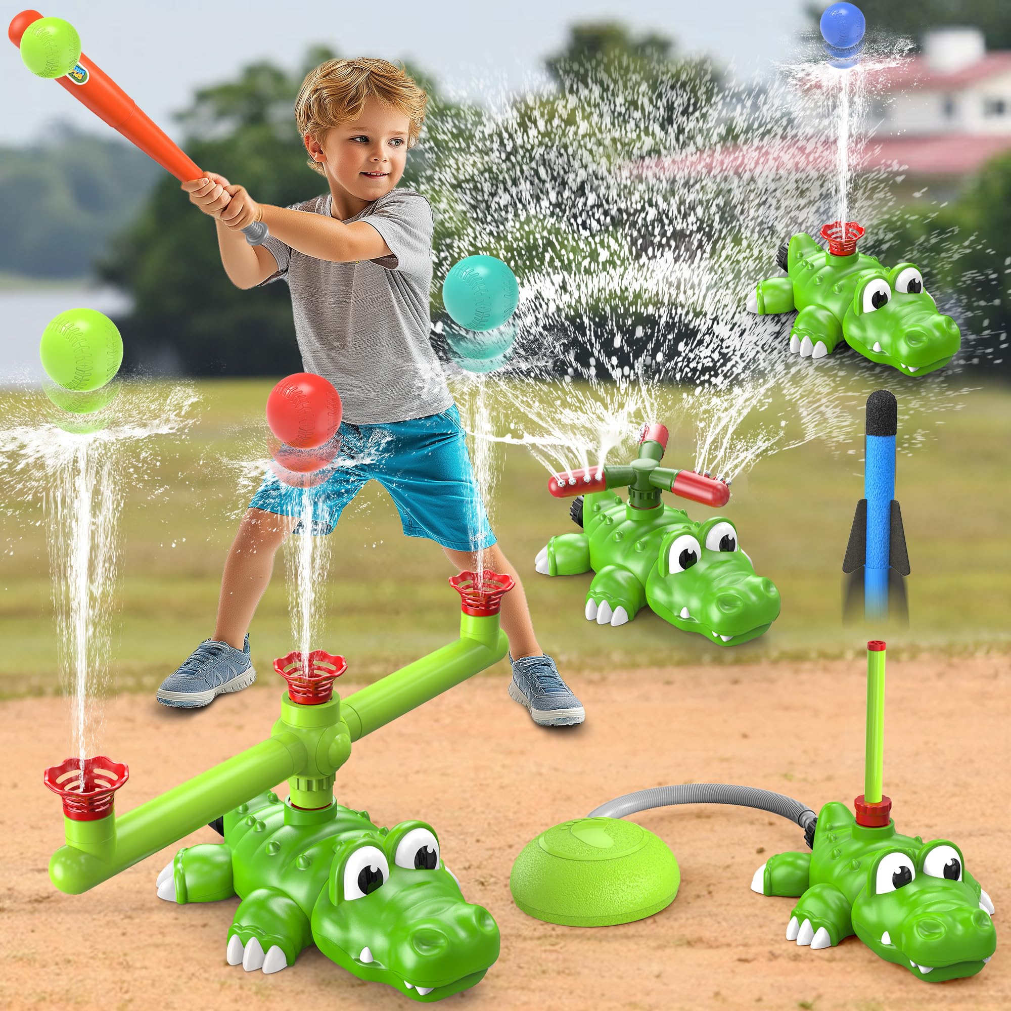 Photo 1 of 4-in-1 Summer Outdoor Sprinkler Spray Water Toys,360° Rotating Sprinkler/Hydro Baseball /3-Spout Slugger/Stomp Rocket Lawn Backyard Pool Party Outside Game for Kids Toddlers Ages 3-5 4-8 (Crocodile)