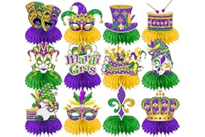 ILUIGGW Mardi Gras Decorations Honeycomb Centerpieces, 12Pcs Glitter Mardi Gras Centerpiece Table Decorations 3D Mardi Gras Table Centerpieces for Masquerade New Orleans Fat Tuesday Decorations