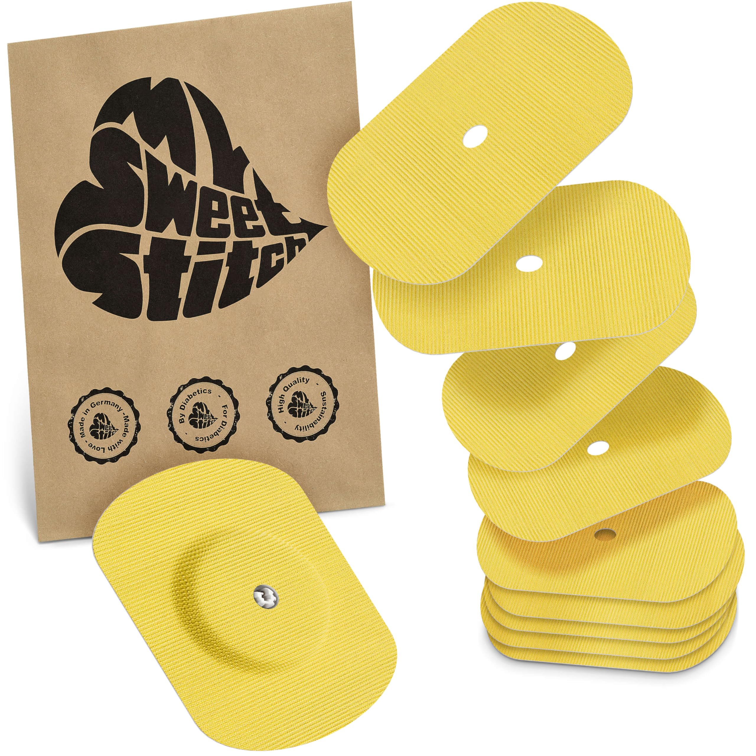 MySweetStitch - 10 x Freestyle Libre 1 & 2 Patches Oval with Ventilation Hole, Overpatch Ø 70 x 55mm, Waterproof, Breathable, Skin-Friendly, Made in Germany, Yellow