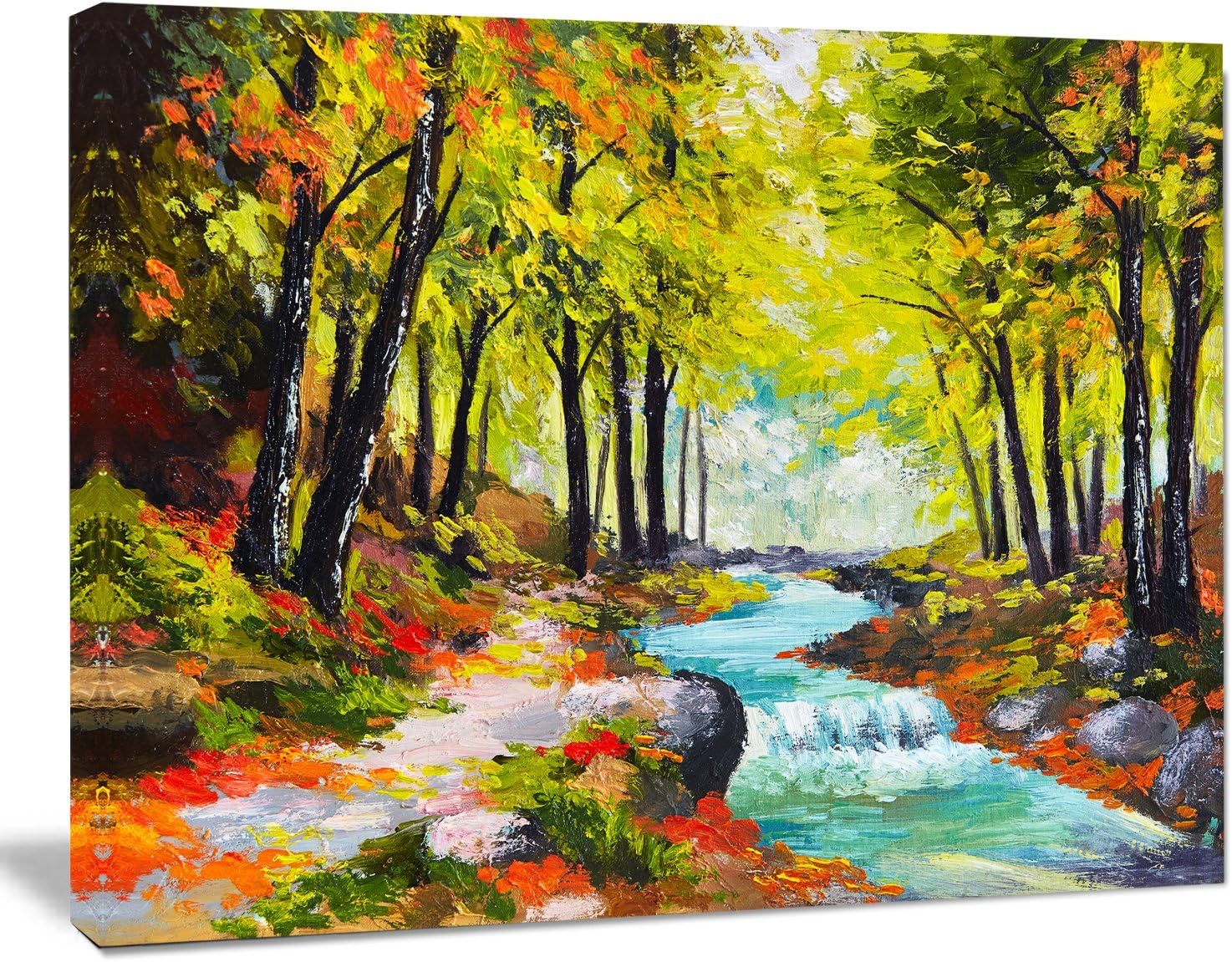 Amazon Com Designart Pt8527 12 River In Green Autumn Forest Landscape Painting Canvas Print x12 12 H X W X 1 D 1p Yellow Posters Prints