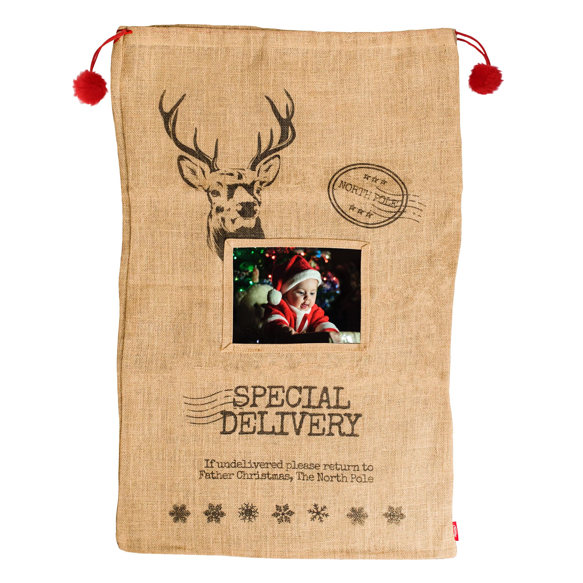 Adventa Santa Sack Christmas Personalised Gift with 6x8 Photo Insert and North Pole Design for Kids or Christmas Stocking Display in your Home (Large)