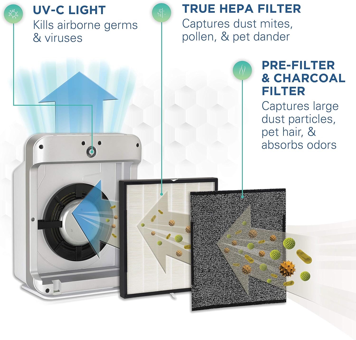 GermGuardian Air Purifier 4 in 1,High CADR True HEPA Filter, Large Rooms to338 sq ft, UV Light Sanitizer Eliminates Germs, Filters Allergies, Pollen, Smoke, Dust, Pet Dander,Mold, Odors,QuietAC5900W: Health & Personal Care