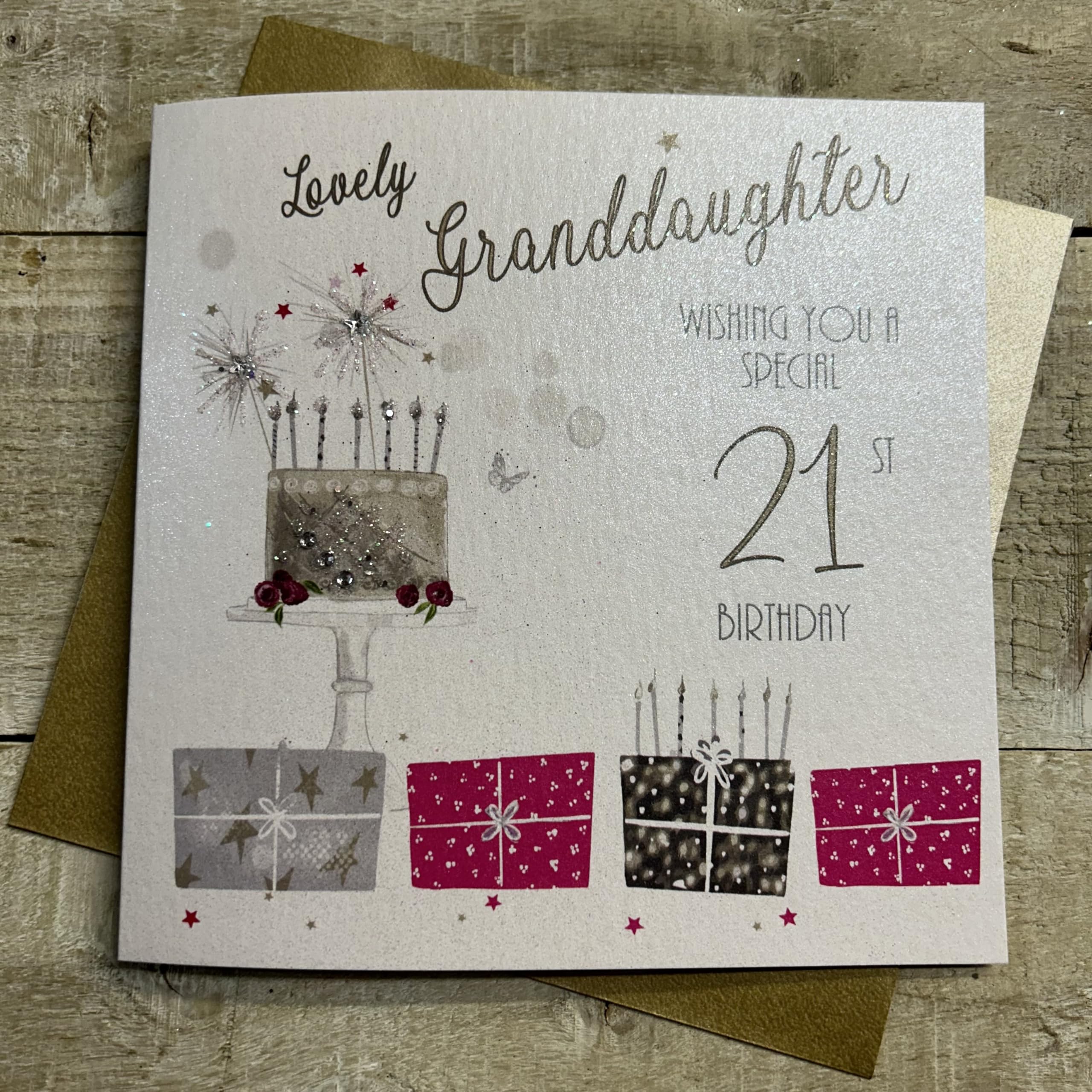 WHITE COTTON CARDS Granddaughter 21st Happy Birthday Handmade Card, Pink, wb109,16cm x 16cm