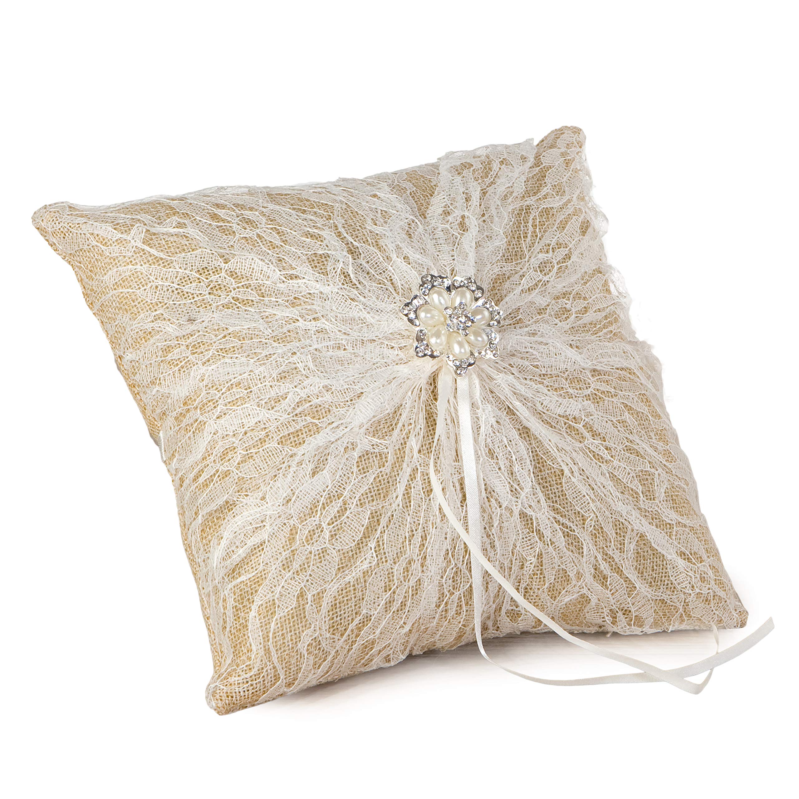 Mopec A89 Cushion Rings Burlap with Doilies Brooch Beads, 20 x 20 cm, Textile, Multicolour