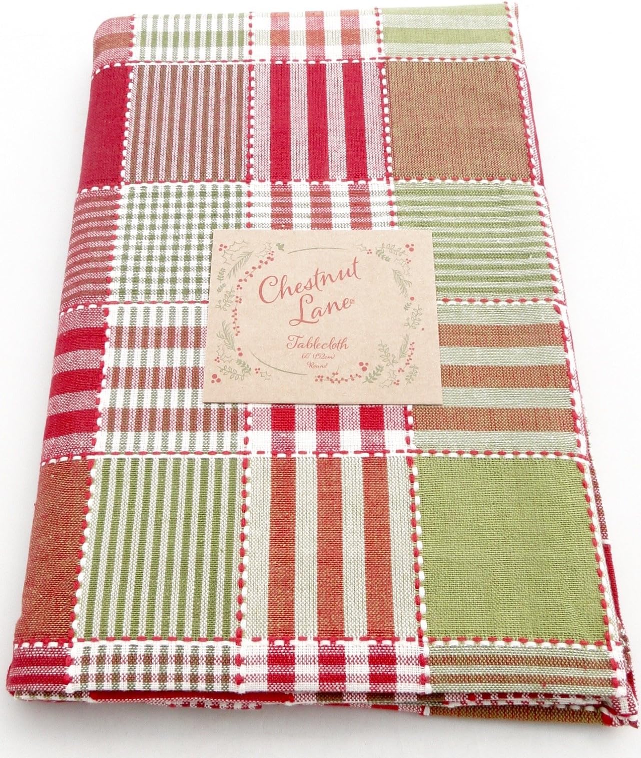 60 x 84 IN Chestnut Lane Green Red, Green and Cream Adirondack Lodge Striped Plaid Fabric Tablecloth.