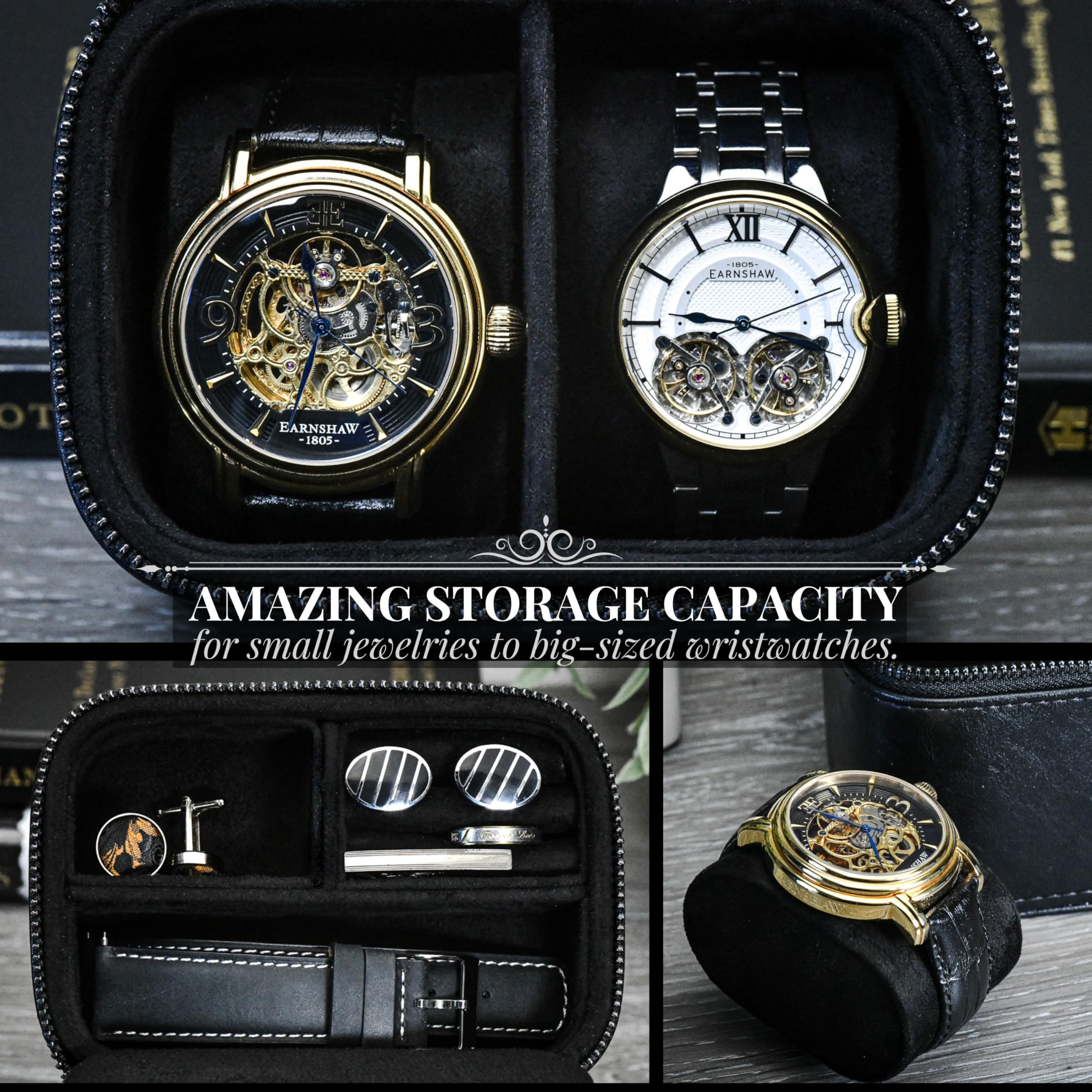 Leather Travel Watch Jewelry Case for Men – Watch Band, Cufflinks Storage Box for Travel - Obsidian Black Swiss-Motif Genuine Leather