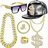 GIFIKOI 80s 90s Hip Hop Costumes Outfit Kit Fake Gold Chain Necklace Dollar Sign Cap Jewelry Set Rapper Accessories