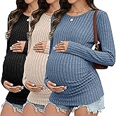 Sweetyweee 3 Pack Maternity Shirts Ribbed Long Sleeve Maternity Sweater Crew Neck Pregnancy Clothes for Women Thermal Top