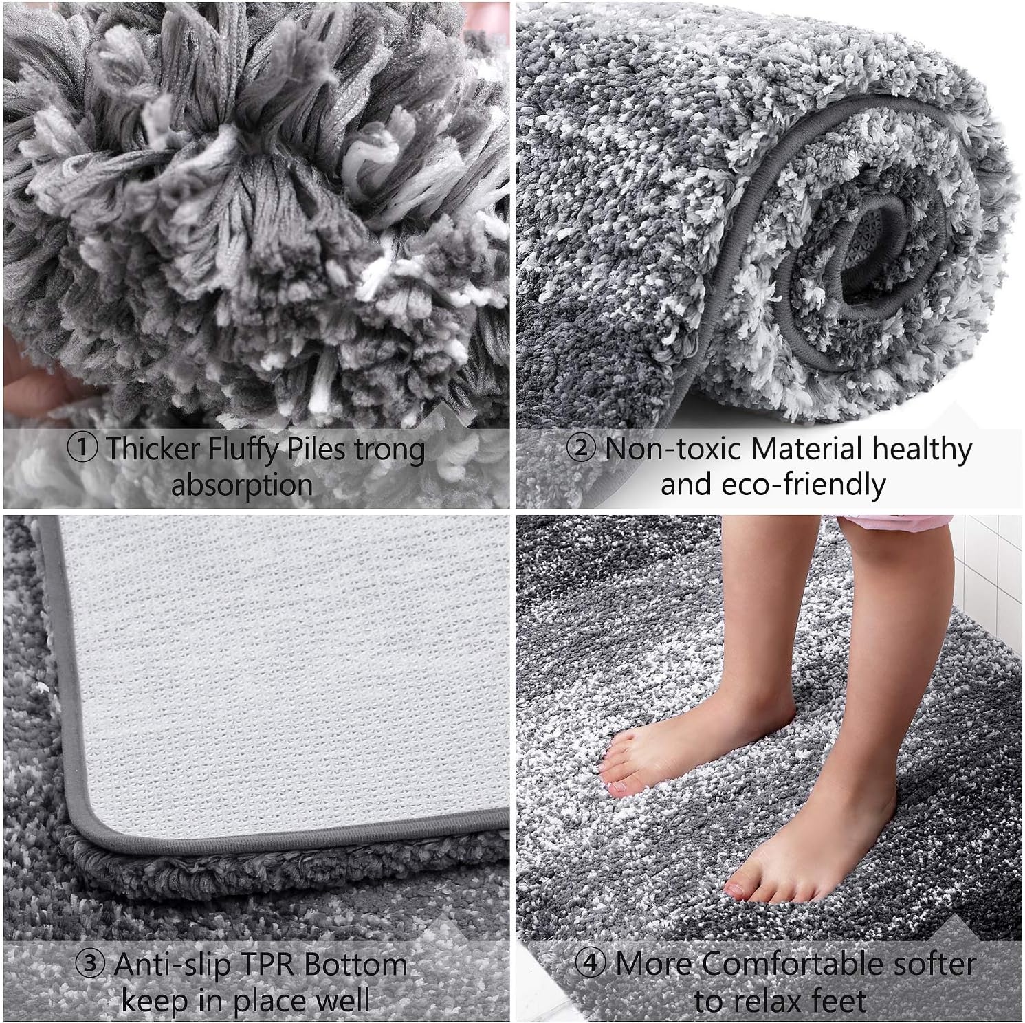 KMAT Bathroom Rugs Bath Mat 20x32 In,Luxury Soft Shaggy Microfiber Shower Rug, Machine Washable Throw Rugs Non Slip Absorbent Plush Floor Mats Runner Carpet for Bath Tub Shower Bathroom(Gradient Grey): Home & Kitchen