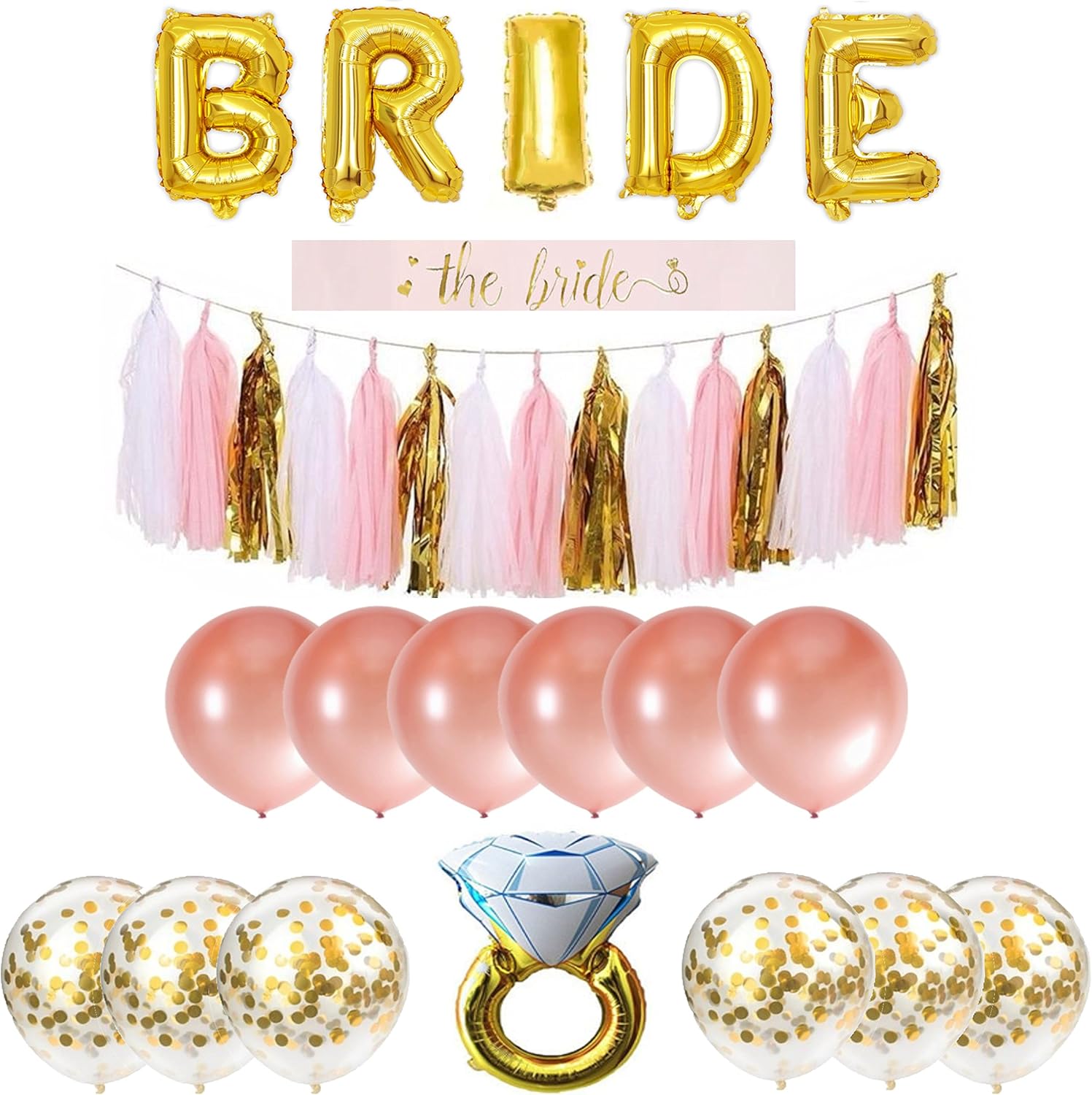 Bachelorette Party Decorations Pack Includes: Gold Foil Bride Balloon Banner Garland, Bride to be Sash + Rose Gold & Gold Confetti Balloons + Diamond Ring Balloon + Cute Bachelorette Tassel Banner : Home & Kitchen