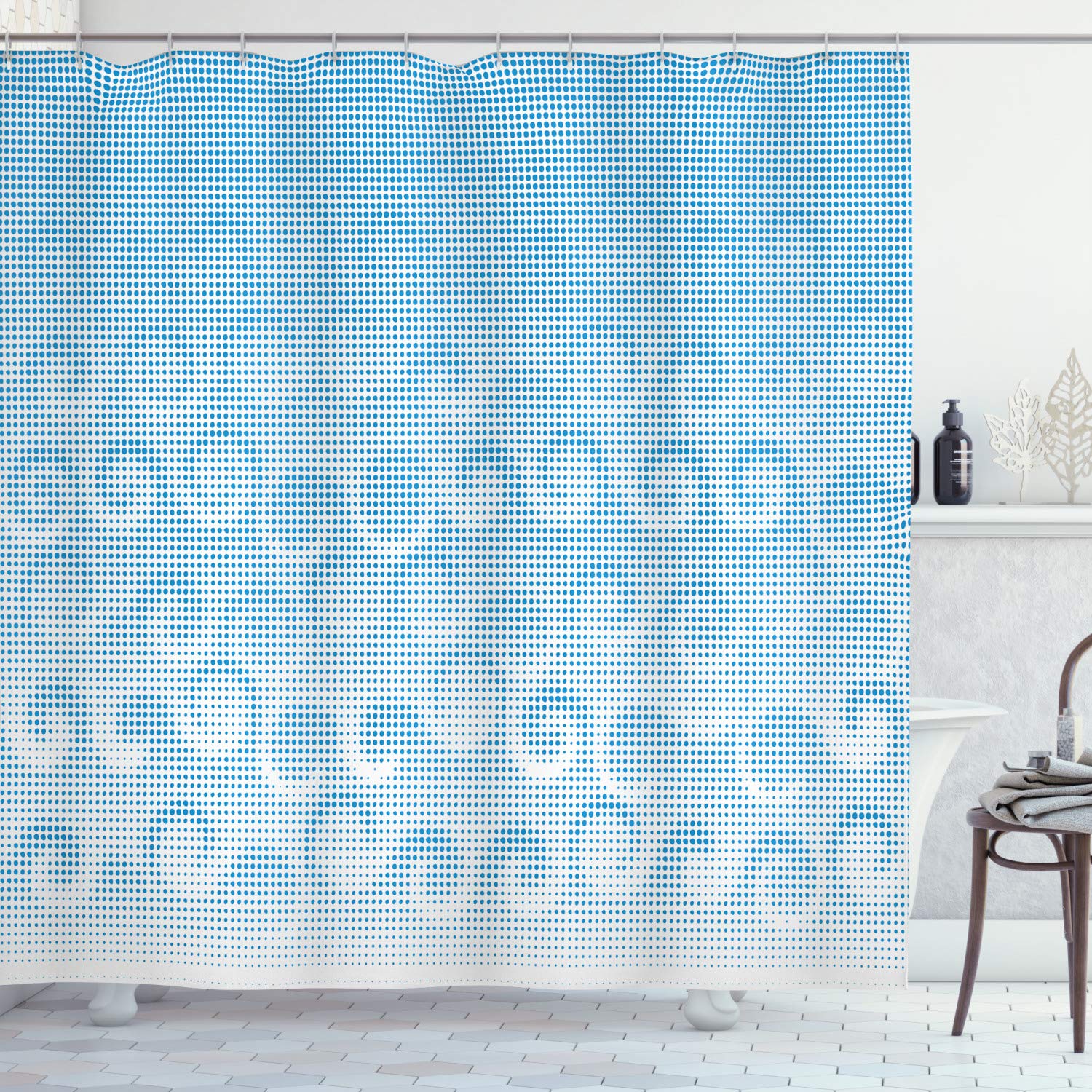 ABAKUHAUS Abstract Shower Curtain, Halftones Background with Circles and Little Digital Dots Like Ocean Wave Artwork, Cloth Fabric Bathroom Decor Set with Hooks, 78 Inches, Pale Blue