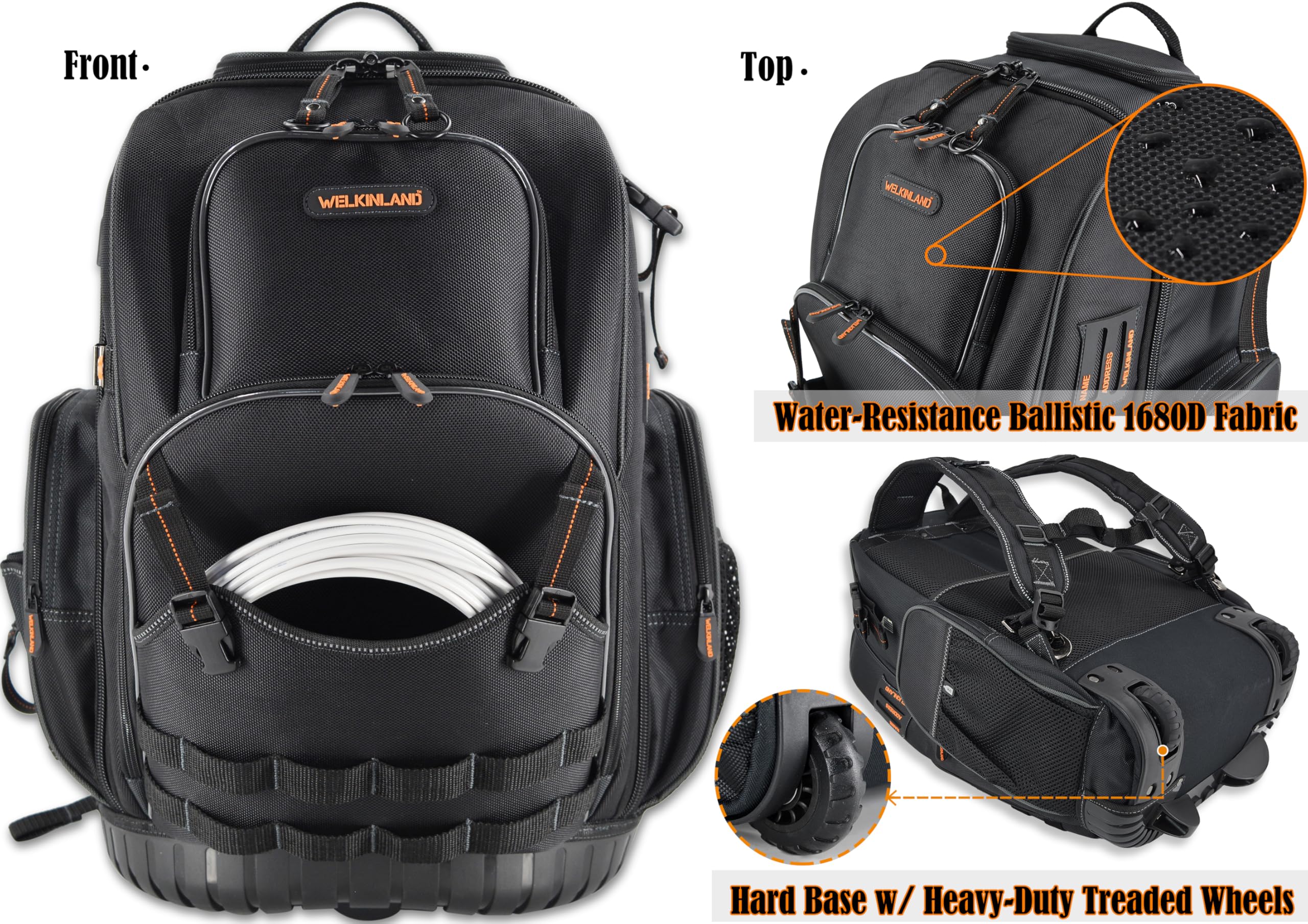 WELKINLAND 72Pockets Rolling Tool backpack, Large tool bag with wheels, Rolling Electrician bag with wheels for men