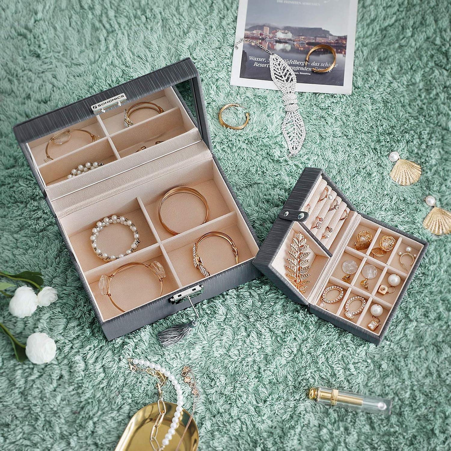 Removable Divider Black UJBC232BK SONGMICS 2Layer Jewelry Box Jewelry