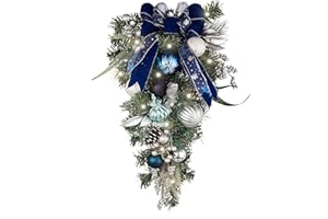 Valery Madelyn Pre-Lit Christmas Teardrop Swag for Decorating Outdoor, 24 Inch Silver Blue Mailbox Swag Decoration with 20 LED Lights, Ball Ornaments for Front Door Stairway Window Shelf Xmas Decor