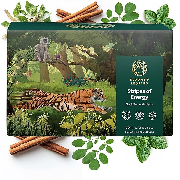 BLOOMS & LEOPARD PREMIUM BLACK TEA BAGS | STRIPES OF ENERGY HERBAL BLEND WITH ASHWAGANDHA, MORINGA, CINNAMON & SPEARMINT | NATURAL ENERGY, STRESS RELIEF & IMMUNE SUPPORT | 20 ORGANIC TEA BAGS