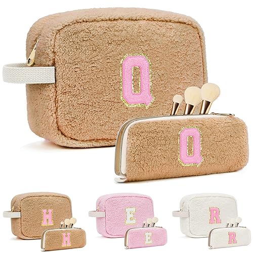 Birthday Gifts for Women, Personalized Initial Cosmetic Bag Pouch for Teen Girls, Preppy Makeup Travel Bags for Daughter Sister Girlfriend, Monogramed Make Up Pouch for Graduation Gifts, Brown Q