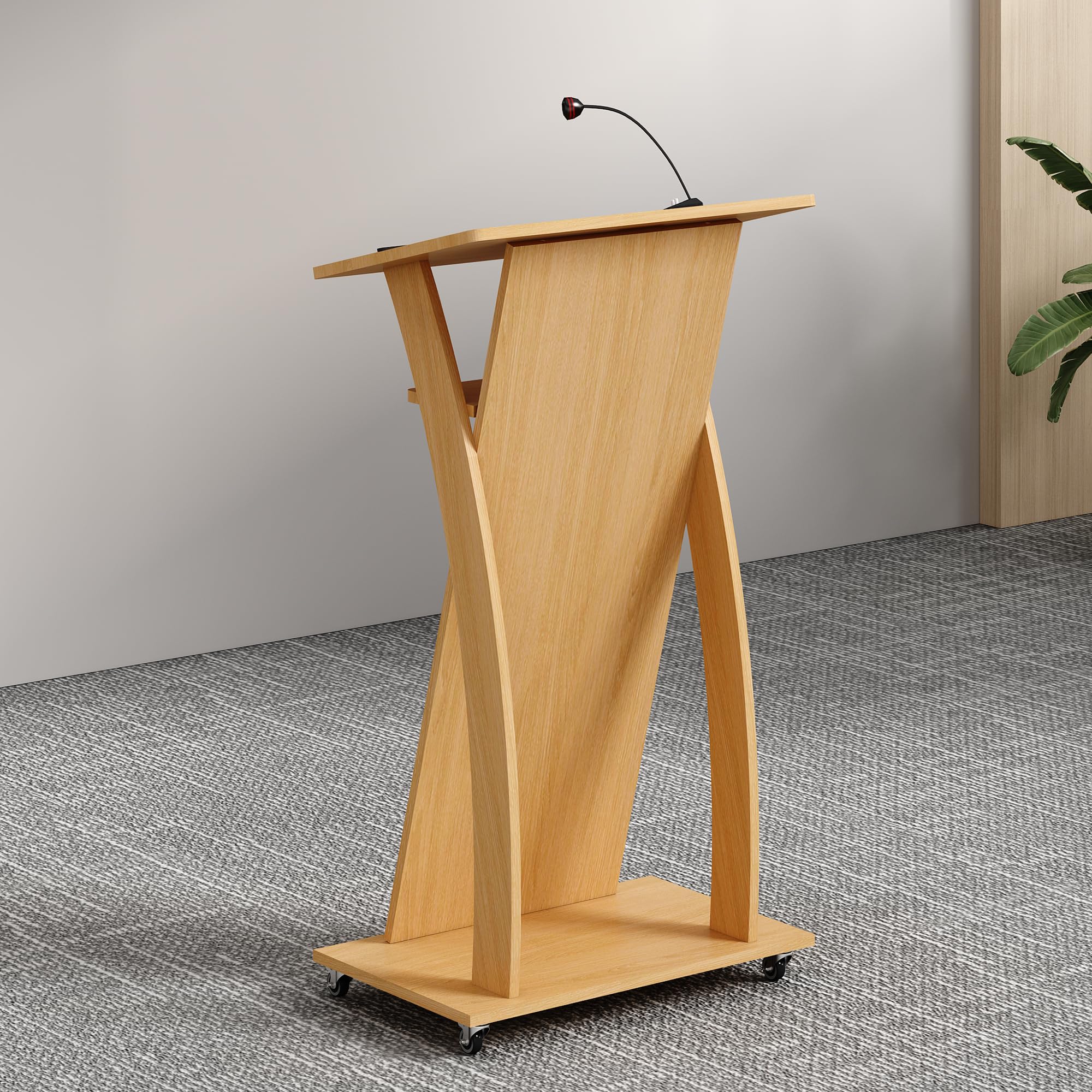 Photo 1 of **MISSING HARDWARE**Xibolai Mobile Wooden Podium Stand with Wheels Lectern Oak Color 16MM Wood Board Elegant Design Wooden Pulpit for Churches Seminars and Schools